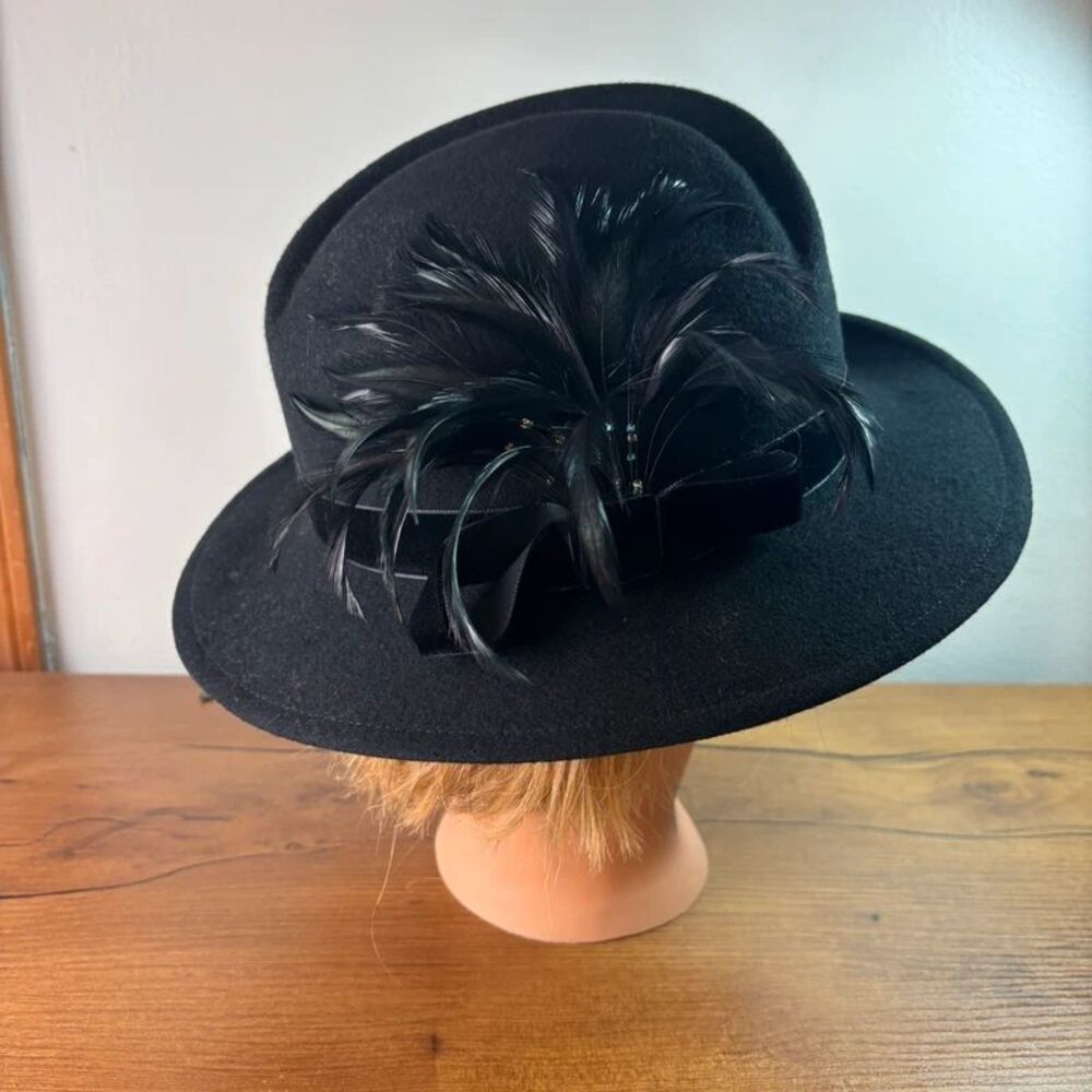 VTG Geo W Bollman & Co Black 100% Wool Fedora Bow Feathers Womens Hat